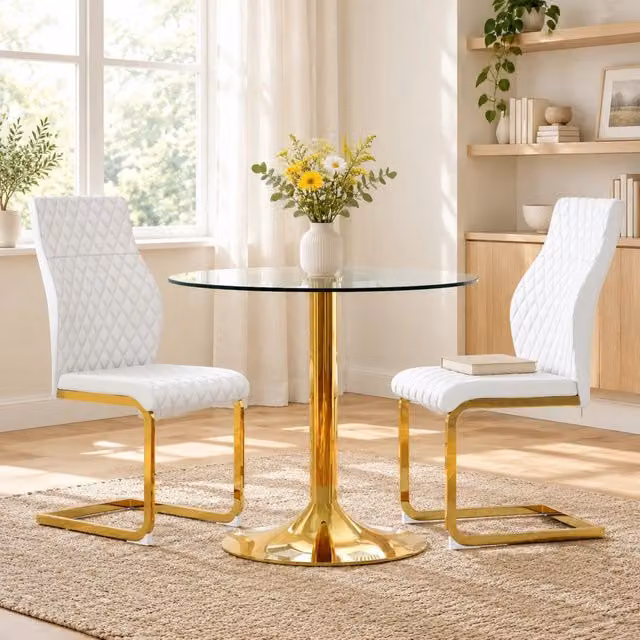 Set tavolo e 2 sedie Mivray in stile glamour con tavolo rotondo in vetro trasparente e sedie bianche e oro