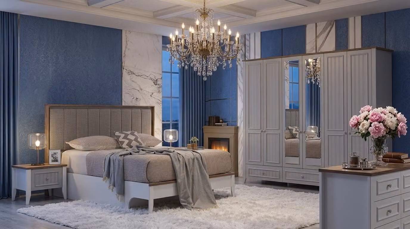 Set per camera da letto dal design intramontabile: letto imbottito elegante, comò di design