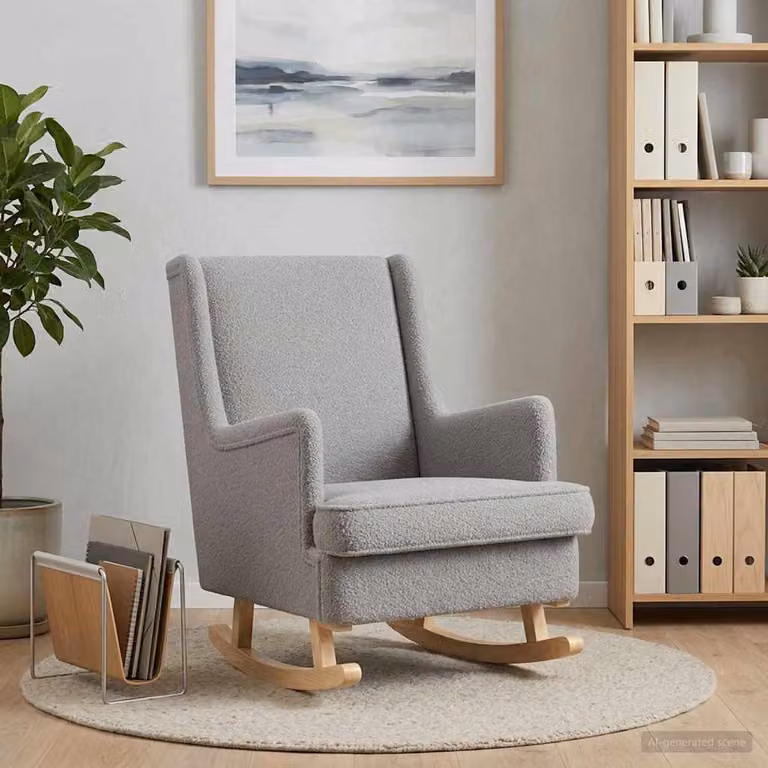 Sedia a dondolo vidaXL in tessuto bouclé grigio con braccioli e struttura in legno e metallo L/P/H: 62 x 80 x 85 cm