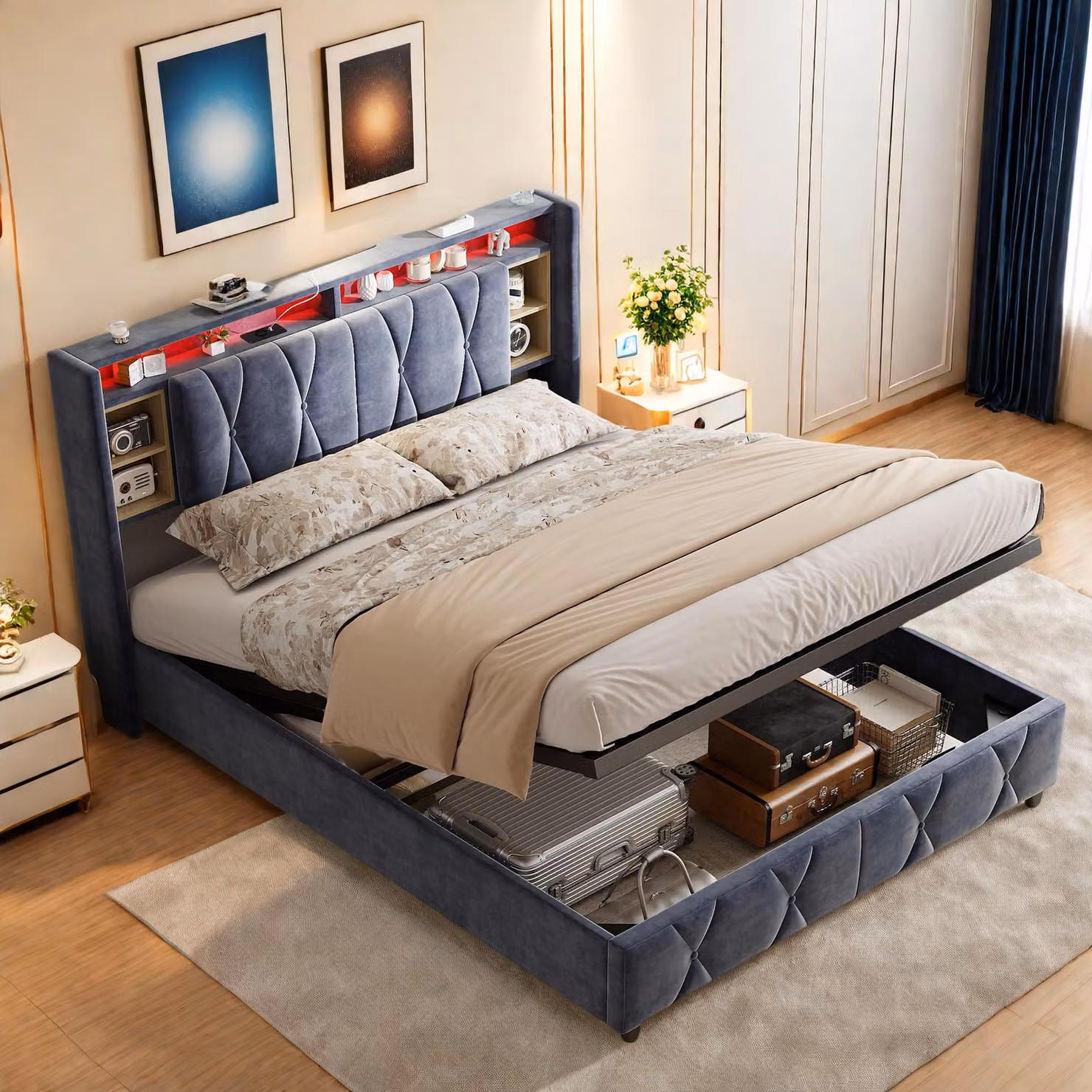UnboxG Letto imbottito 140×200 con USB/Type-C e illuminazione a LED, letto matrimoniale 140x200 con testata e contenitore idraulico, struttura letto con rete a doghe, letto funzionale letto in legno massiccio, velluto, grigio