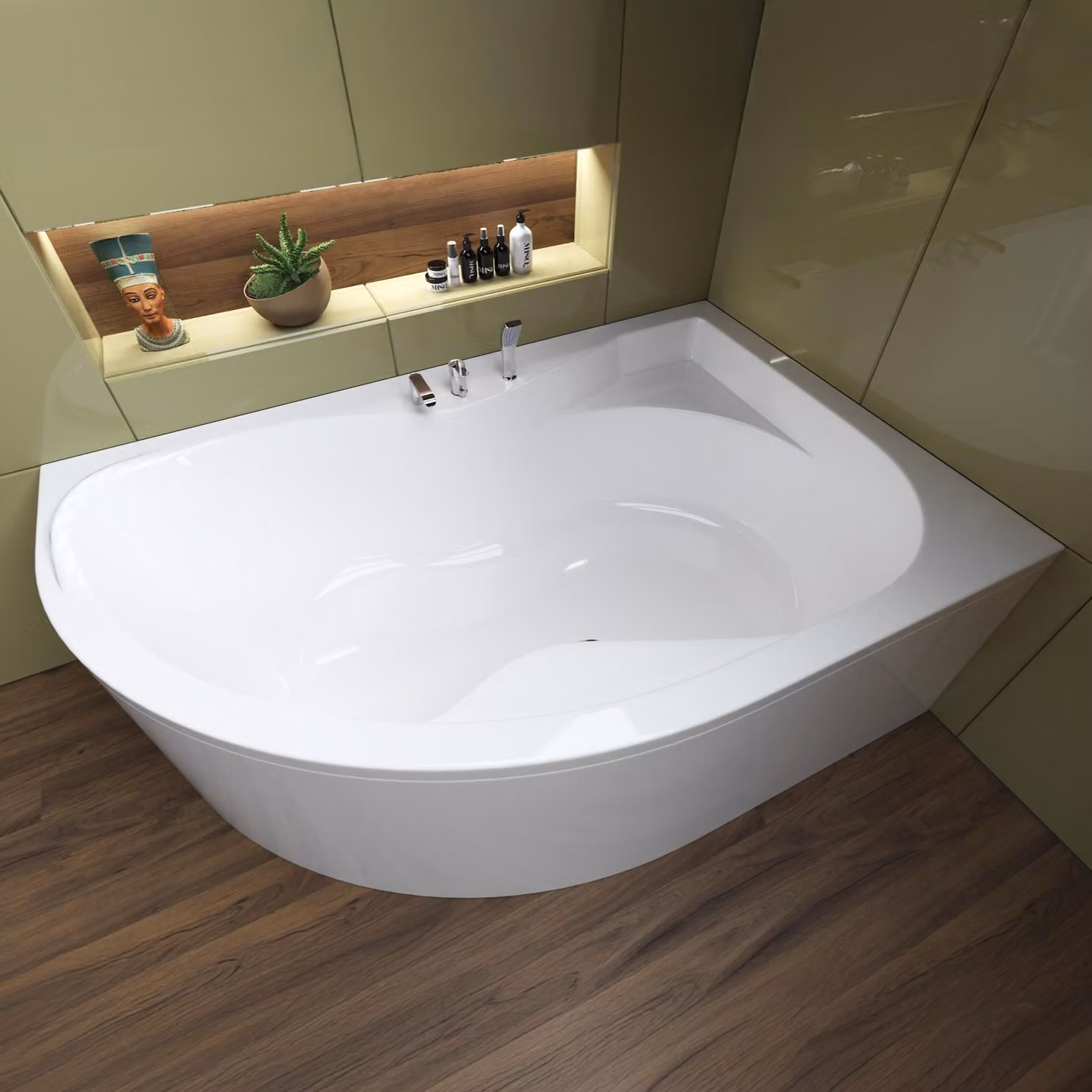 Vasca da bagno angolare 170x110 destra con grembiule in acrilico, set di scarico e piedini GRATIS | Set completo 4in1 Vasca da bagno originale in acrilico Siphon | BADLAND DORA