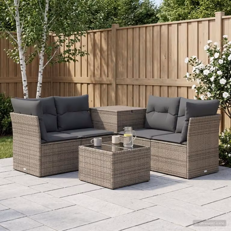 Set di divani da giardino vidaXL in polyrattan a forma di U, colore grigio e antracite, composto da 6 pezzi con tavolino da esterno e cuscini inclusi