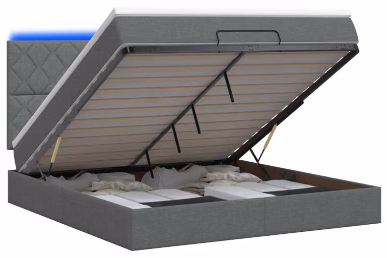 Panca contenitore con materasso e illuminazione LED, colore grigio scuro, dimensioni 140 x 200 cm, rivestita in tessuto