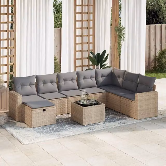 Set Divano da Giardino 9 pz con Cuscini Beige in Polyrattan 3325445