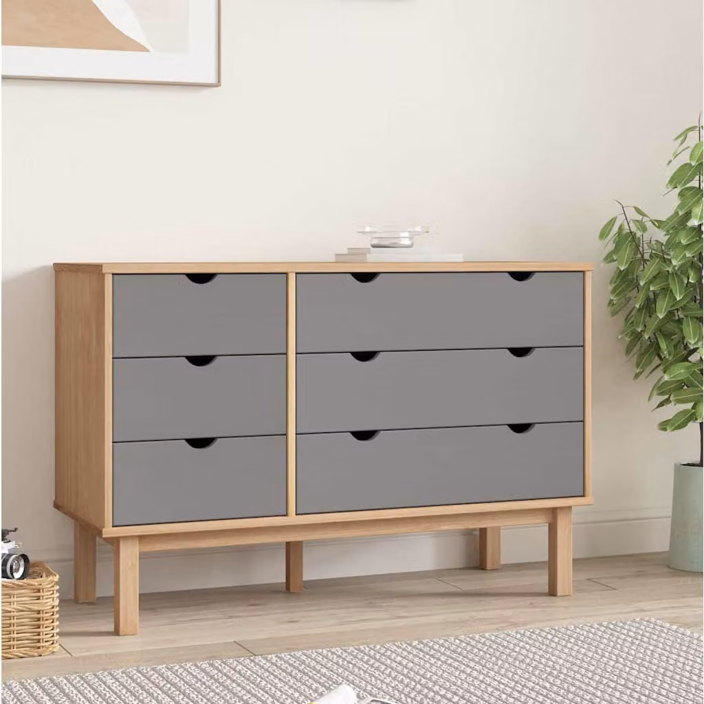 Cassettiera OTTA vidaXL in legno di pino, Marrone e Grigio, L: 111 cm, P: 43 cm, H: 73,5 cm