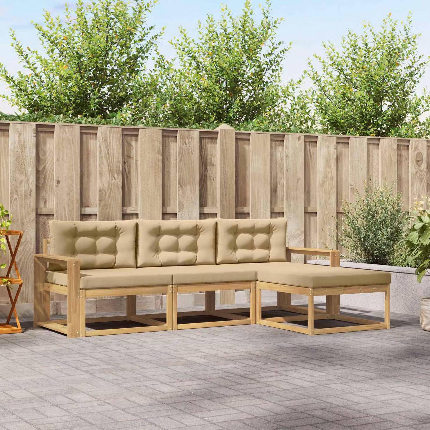Set di divani da esterno a L vidaXL in legno di acacia con pouf e cuscini, Bianco, Beige e Marrone