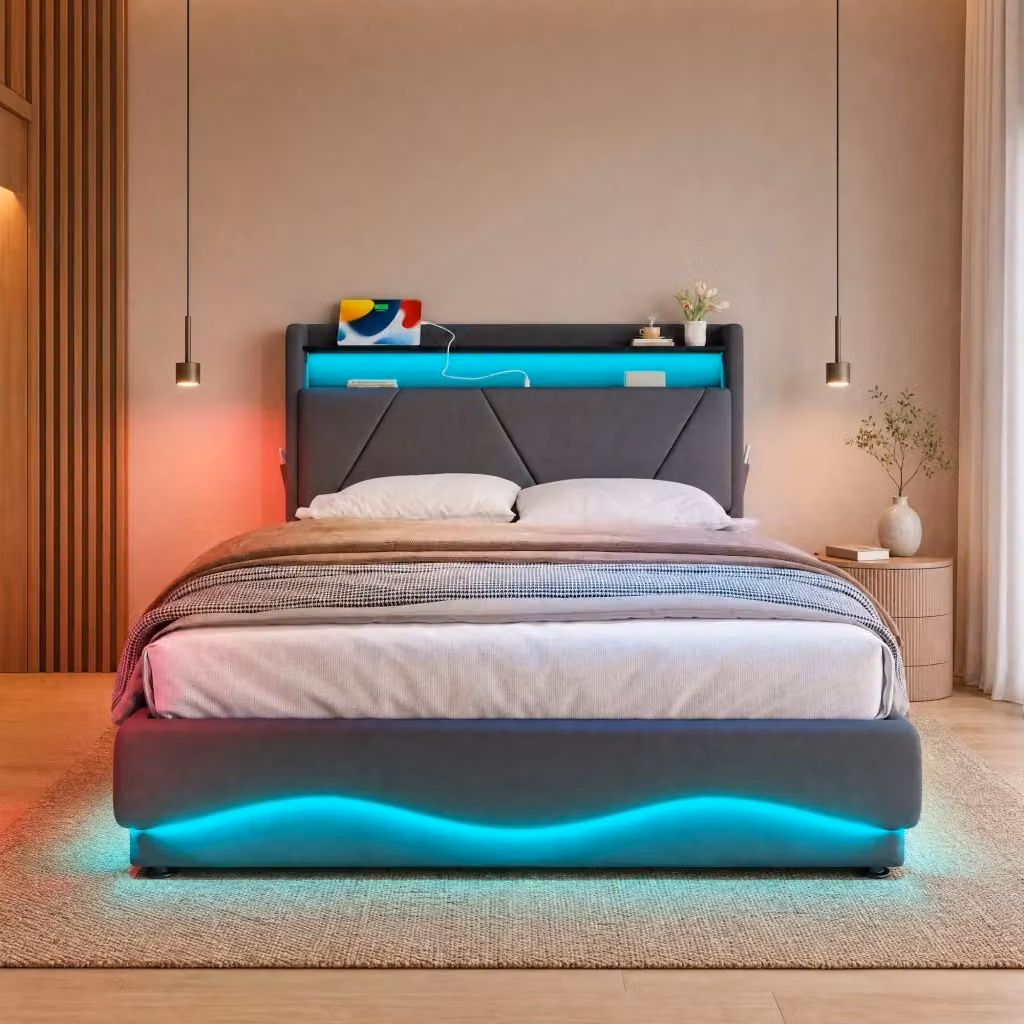 Letto imbottito MODFU in velluto grigio scuro con testiera LED, ripiano e contenitore, L/P: 140 x 200 cm – 2