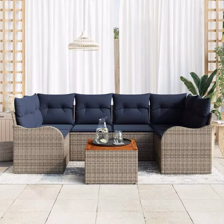 Set Divano da Giardino vidaXL 7 Pezzi a Forma di L Grigio con Tavolino e Cuscini Imbottiti