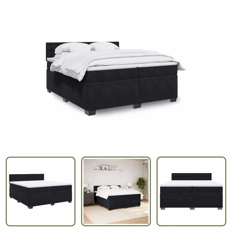 The Living Store Letto a molle con materasso nero 200x200 cm in velluto