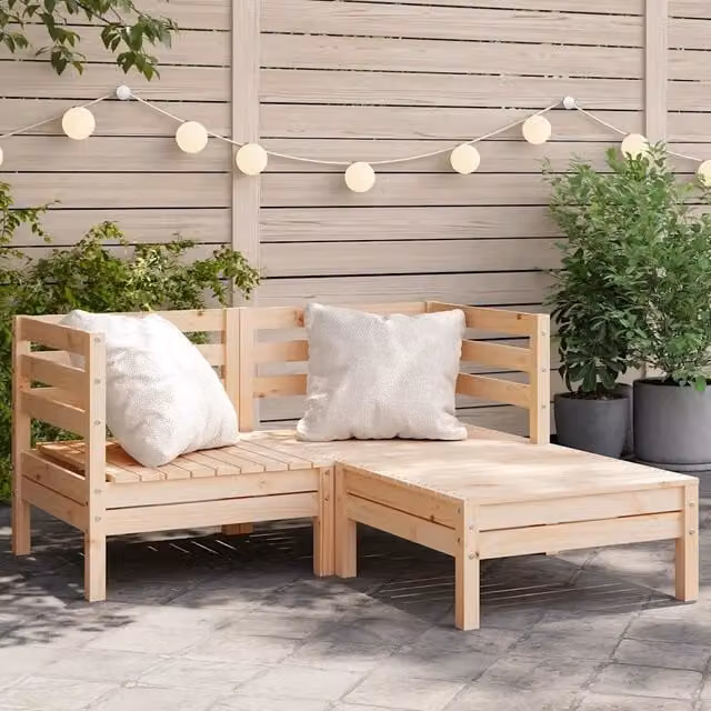 Divano da Giardino a L con Poggiapiedi Design Mania in Legno di Pino con Cuscini Beige e Nero L/P/H: 127 x 62,5 x 127 cm