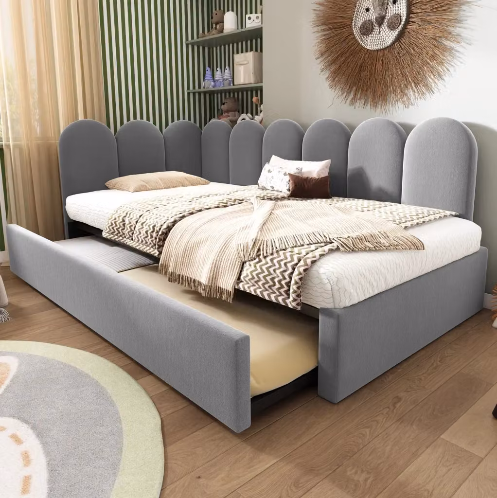 Letto da giorno moderno in tessuto grigio con struttura imbottita e cassetti L/P/H: 203 x 90 x 76 cm – 2