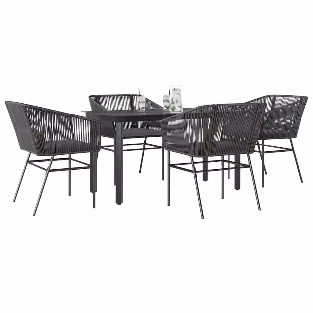 Set da pranzo da giardino vidaXL in polyrattan con cuscini e piano in vetro, 5 pezzi, grigio e nero