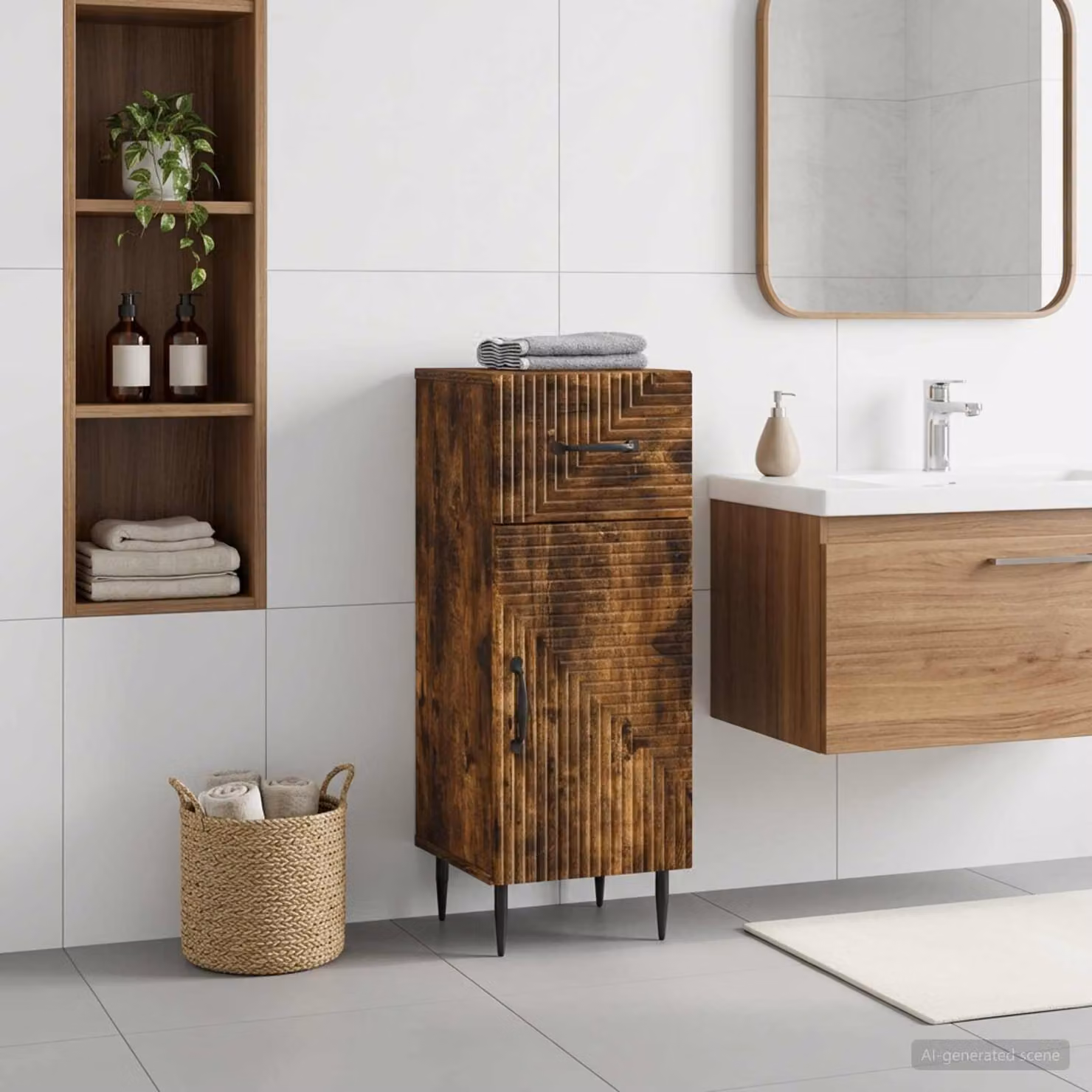 Mobiletto da bagno moderno vidaXL HAARLEM in Rovere Fumo, L: 30 cm, P: 31 cm, H: 80 cm