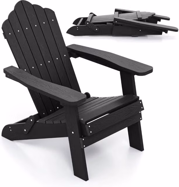 Sedia Adirondack pieghevole in acciaio inossidabile e plastica resistente alle intemperie con braccioli larghi, colore nero opaco, impilabile per giardino e patio