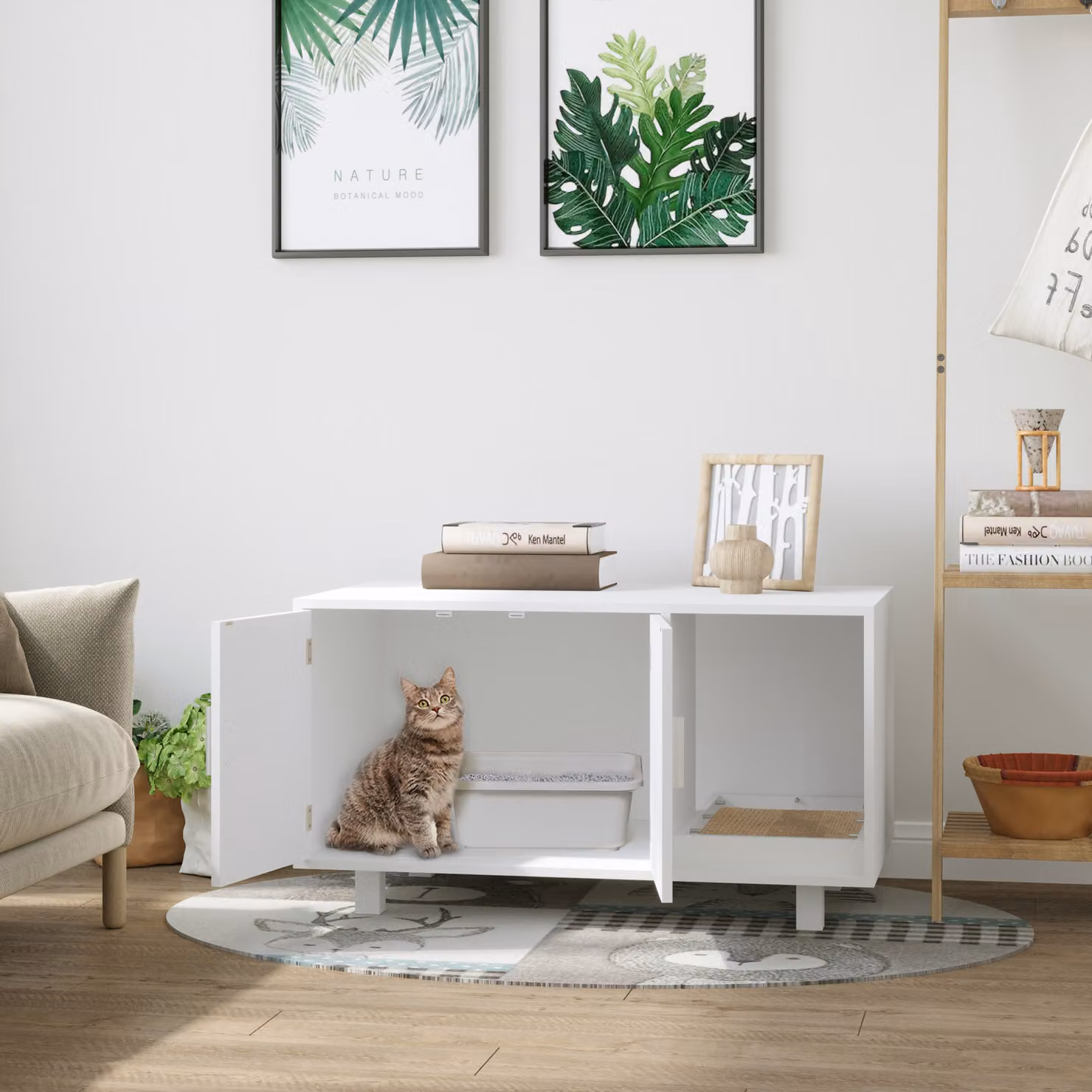 Mobile per lettiera per gatti PawHut in legno con 2 ante, apertura laterale e tiragraffi in sisal sostituibile, Bianco – 2