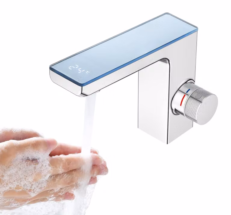 Miscelatore per lavabo a infrarossi con display, cromato, a comando touchless