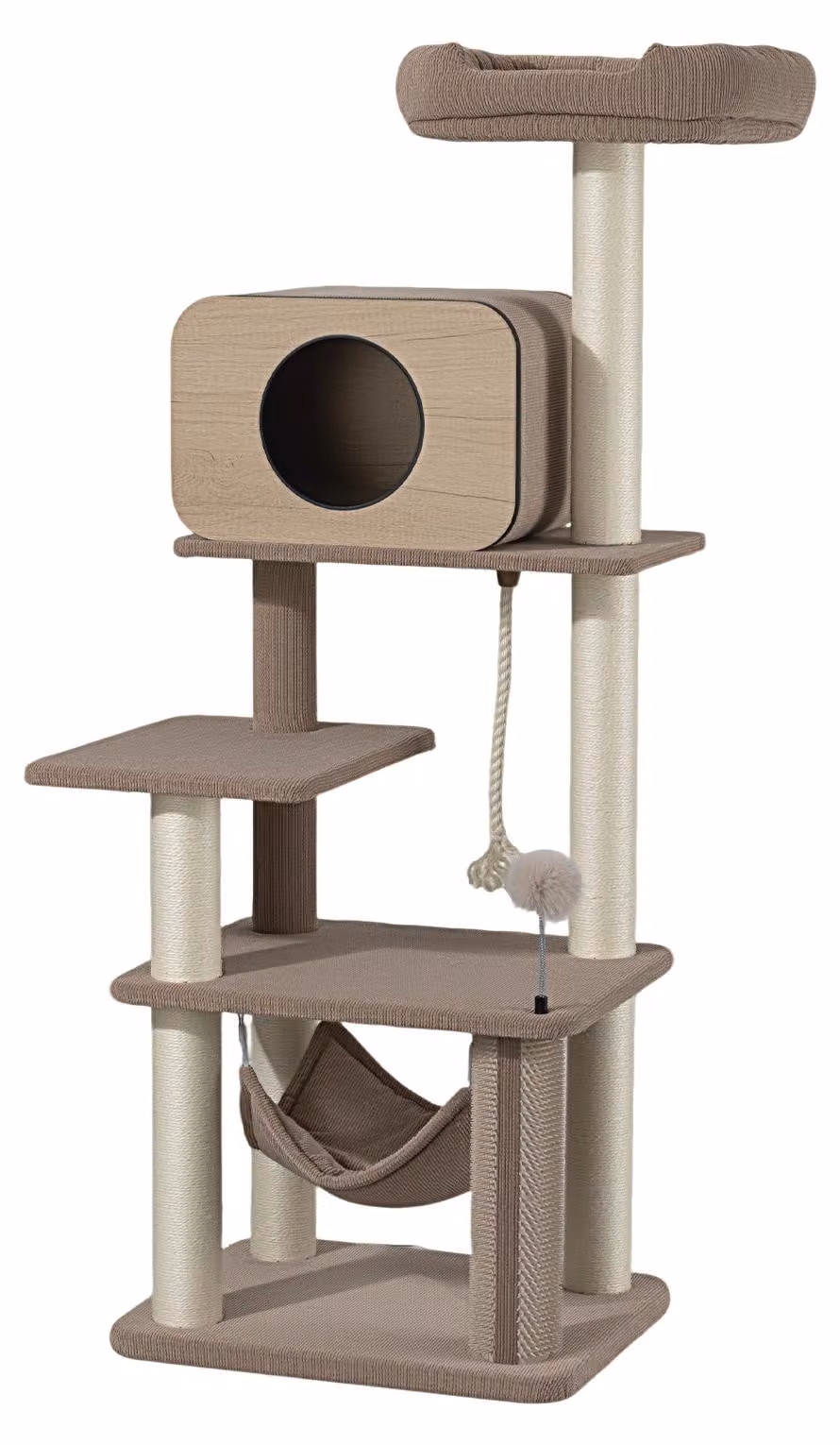 Albero per gatti "Fudajo Forest Oak" da 152 cm, color beige, con rifugio per gatti, amaca e sisal. Albero per gatti con elemento massaggiante