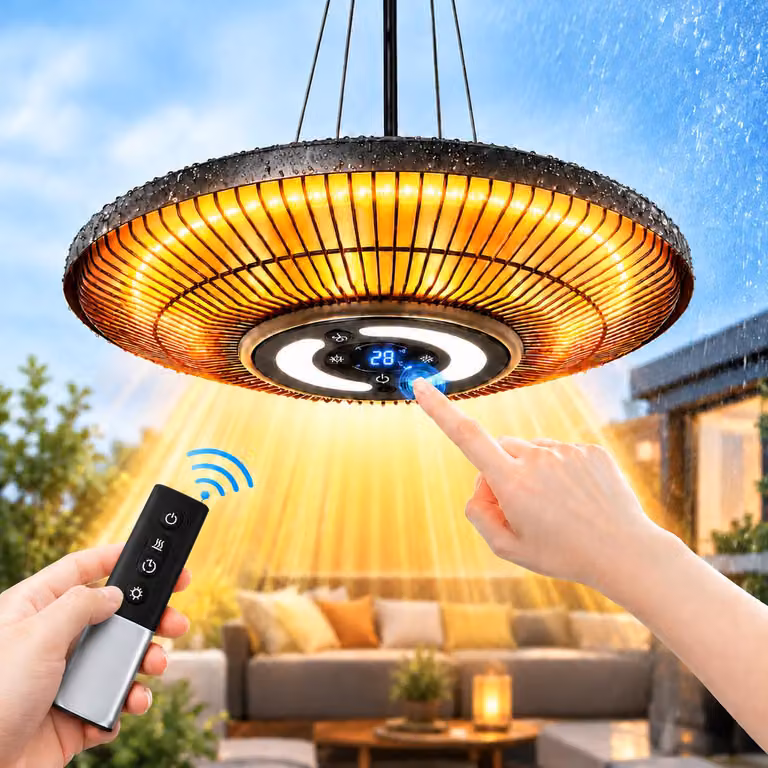 Riscaldatore a infrarossi ZMH, modello circolare, 2000W, per terrazza, grado di protezione IP65, diametro 42cm, 2in1 (con luce), display digitale, timer 24 ore, controllo touch, telecomando, ideale per l'esterno