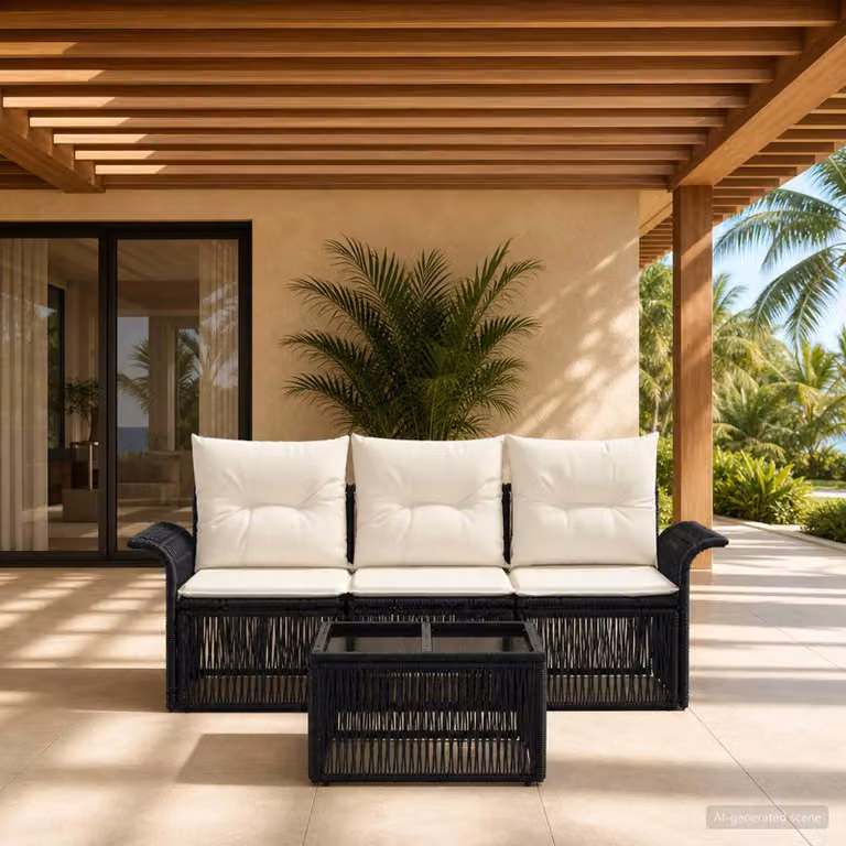 Set Divano da Giardino vidaXL 4 Pezzi in Polyrattan Nero con Tavolino e Cuscini Imbottiti