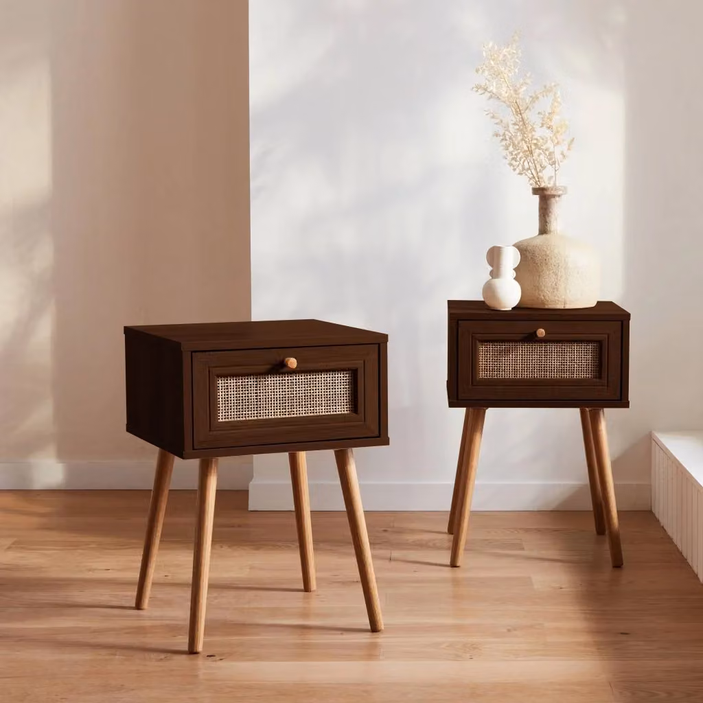 Set di 2 comodini Sweek in stile mid-century con effetto legno scuro e dettagli in rattan, colore marrone – 2