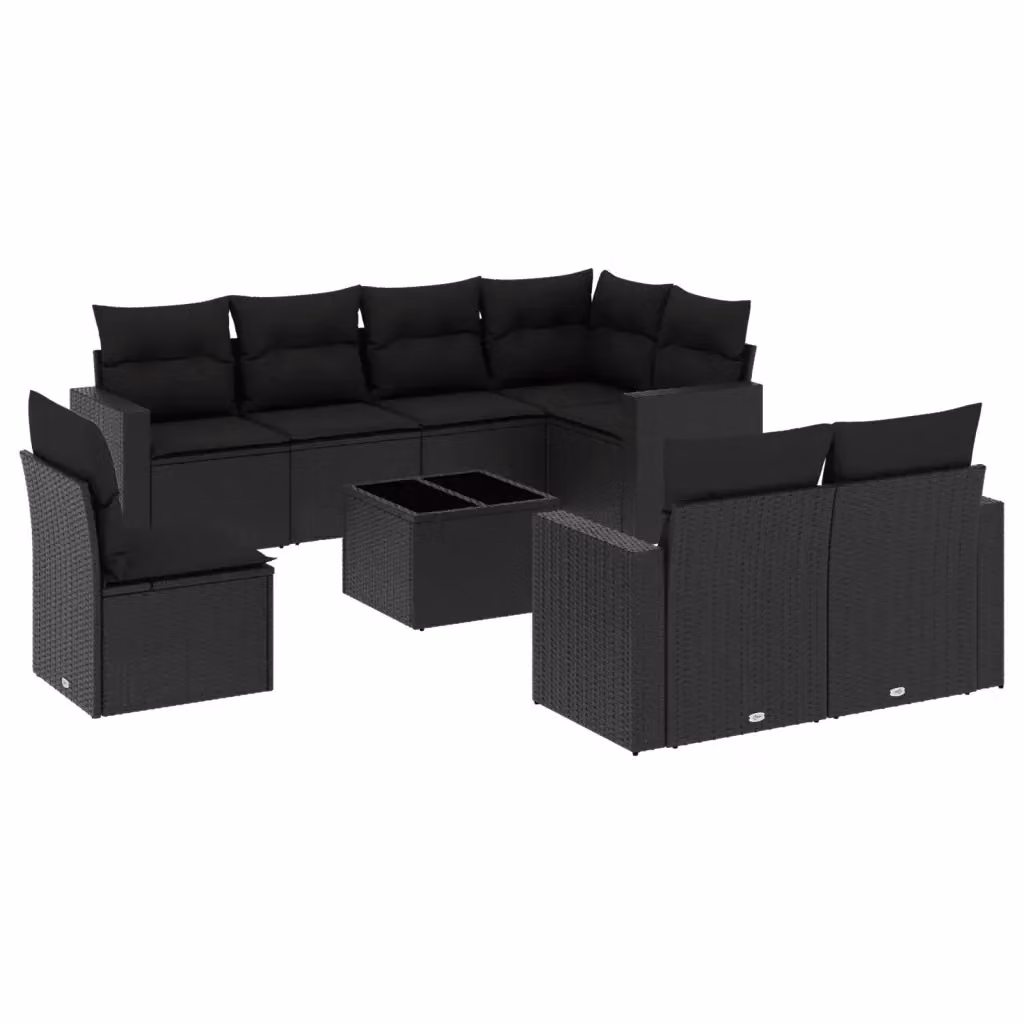 vidaXL Set Divani da Giardino 9 pz in Polyrattan Nero con Cuscini e Tavolino da Esterno – 2
