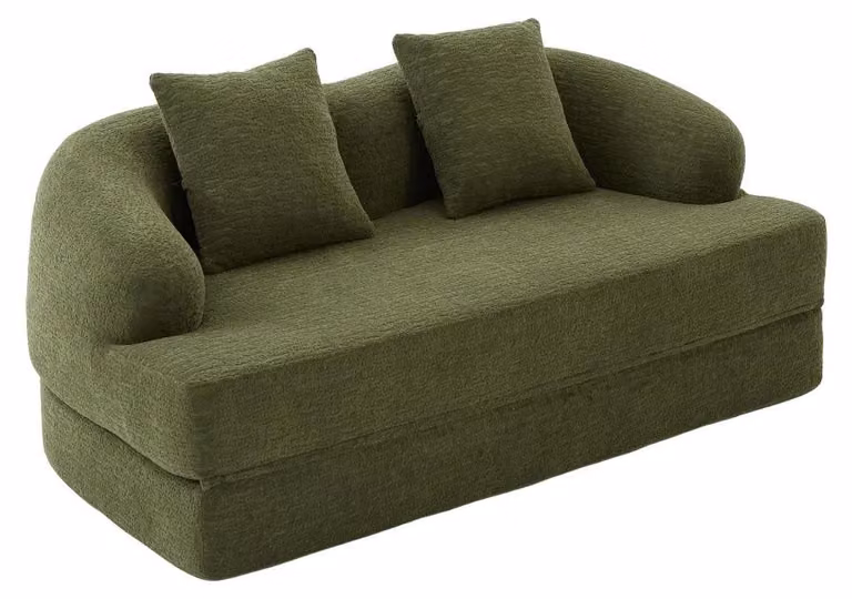 Divano - Divano letto 2 posti - Modello trasformabile - Rivestimento in chenille - Include 2 cuscini - Design salvaspazio - Colore: verde