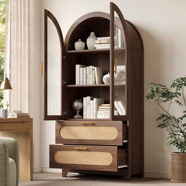 Vetrina con ante in vetro e arco Montmartre; 3 ripiani regolabili; 2 cassetti in MDF color legno 80 × 40 × 175 cm