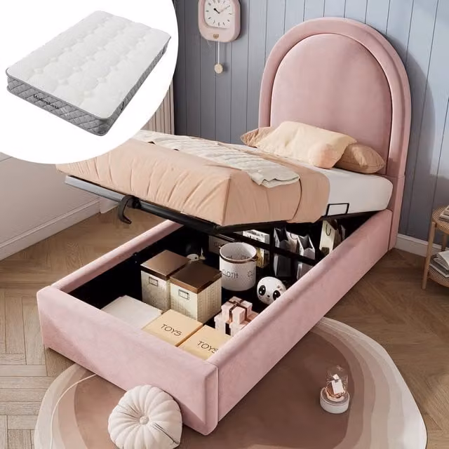 Letto Imbottito Singolo Bambini 90x200 ¨C Xylo ¨C Rosa, Velluto, con Materasso