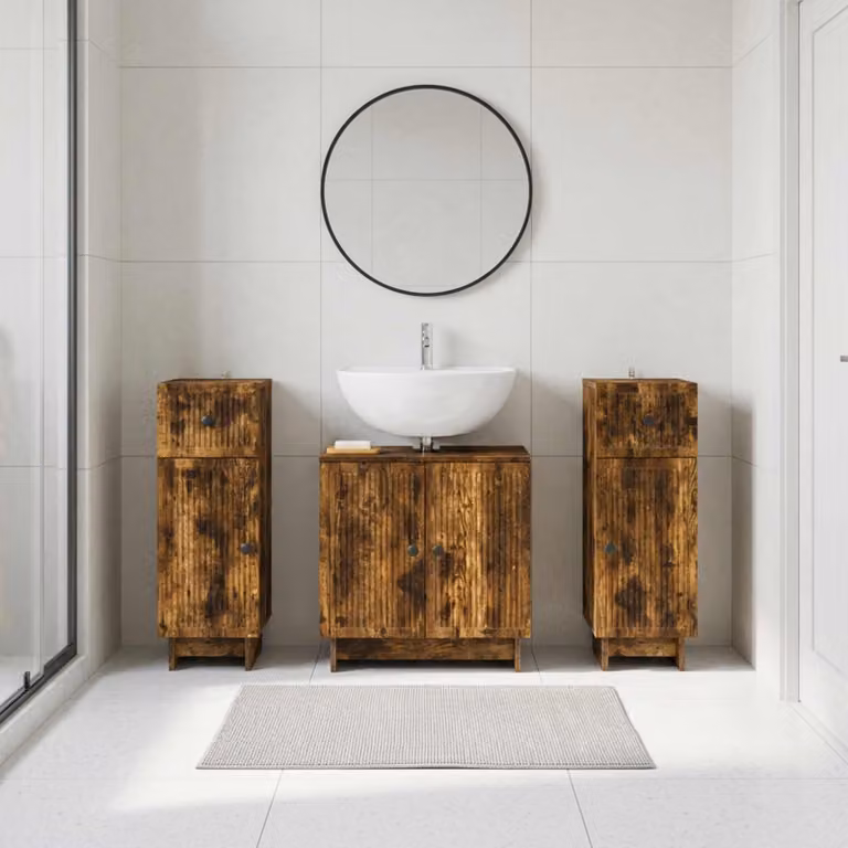 Set di mobili da bagno vidaXL in 3 pezzi in legno Rovere Fumo marrone con design minimalista e ante a battente