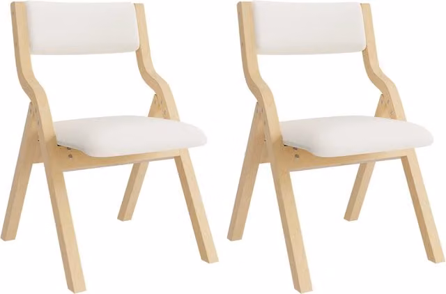 Set di 2 sedie pieghevoli da sala da pranzo in legno massiccio con rivestimento in lino beige, design salvaspazio