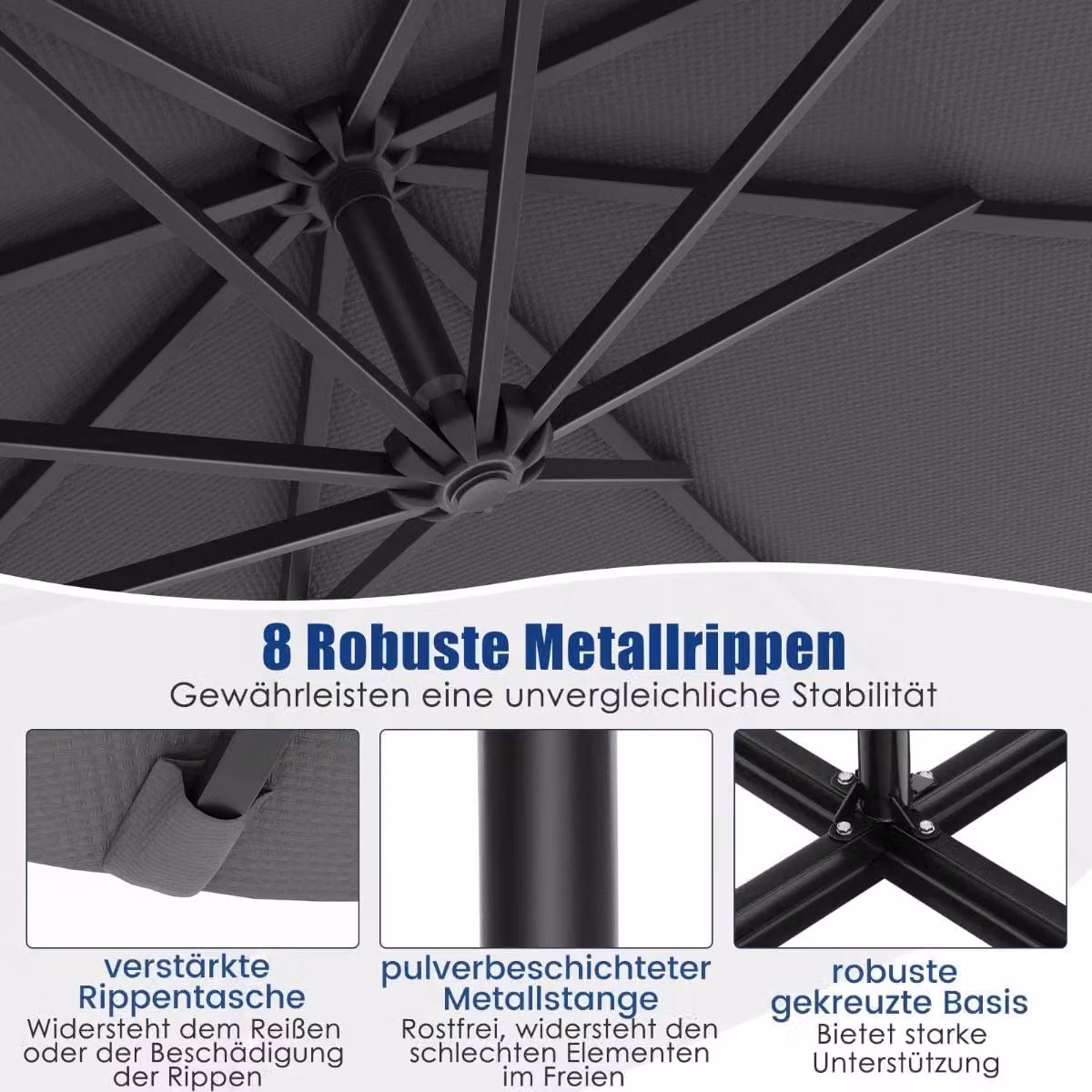 Ombrellone a braccio estensibile ad energia solare, 300 cm, 40 luci LED, grigio