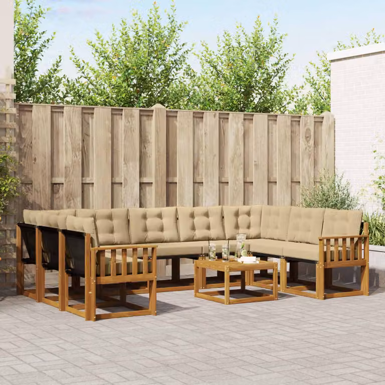 Set di divani da esterno vidaXL 10 pezzi in legno di acacia con tavolo da caffè e cuscini, colore marrone e beige