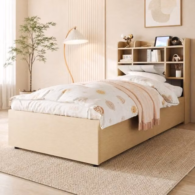 Letto singolo ULEVR 90x200 cm con contenitore idraulico, testiera con vani e 3 USB + Type-C, legno naturale