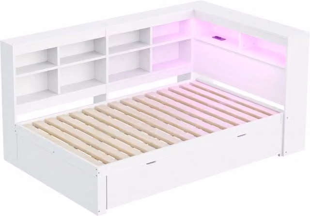 Letto matrimoniale multifunzionale in legno massiccio 140x200 cm con grandi cassetti, USB e striscia LED, bianco