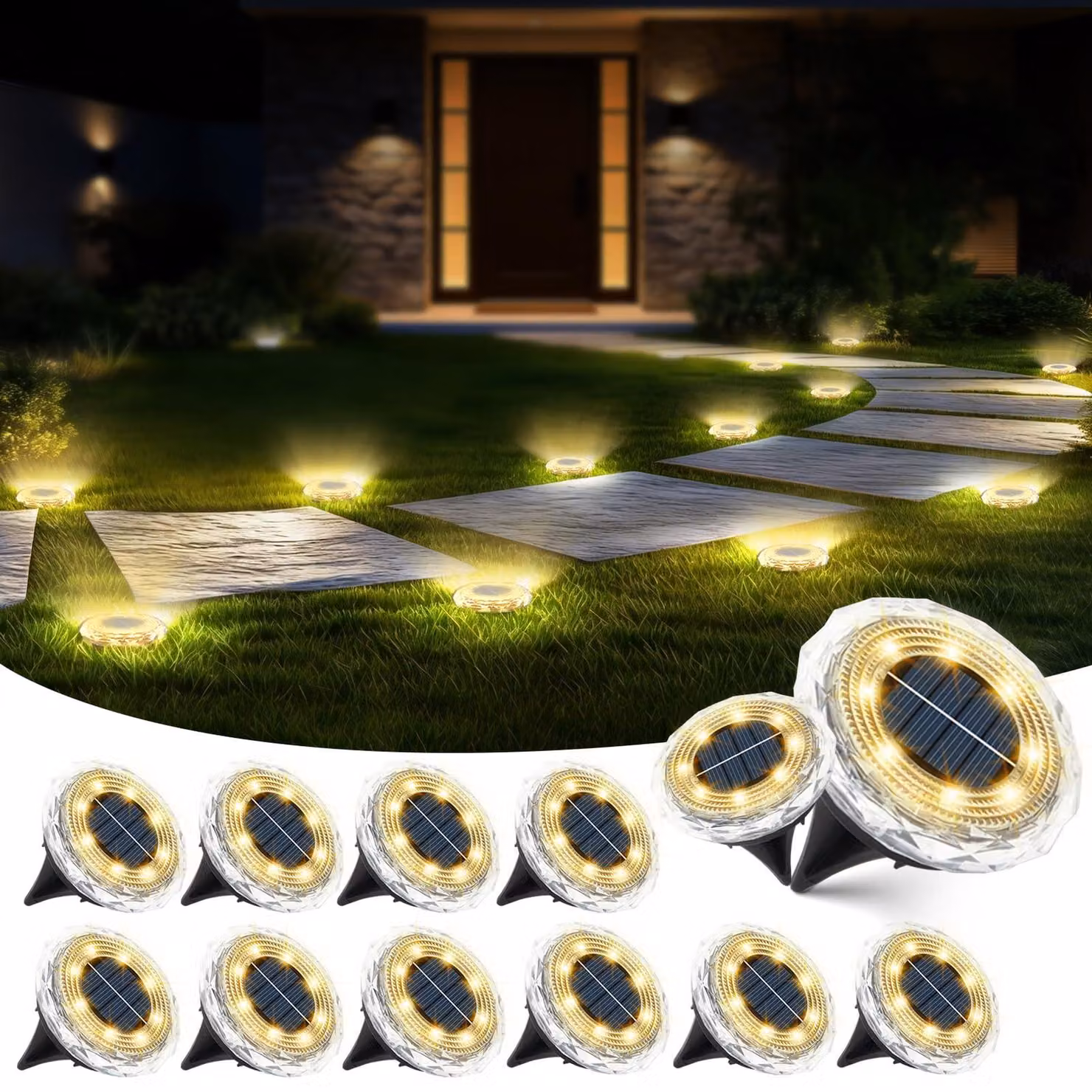 Set di 12 luci solari per giardino, luce bianco caldo, funzionamento automatico, impermeabili