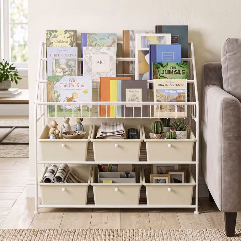 Scaffale libreria Costway moderno con 5 livelli, 3 ripiani aperti e 6 cassetti, struttura in metallo bianca per soggiorno, studio o cameretta