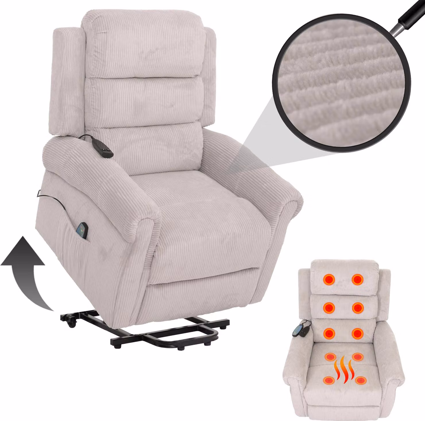 Poltrona TV HWC-K63, poltrona relax, funzione reclinabile, ausilio per alzarsi, funzione massaggio, funzione riscaldamento, tessuto (220 g/m²) velluto a coste ~ grigio chiaro
