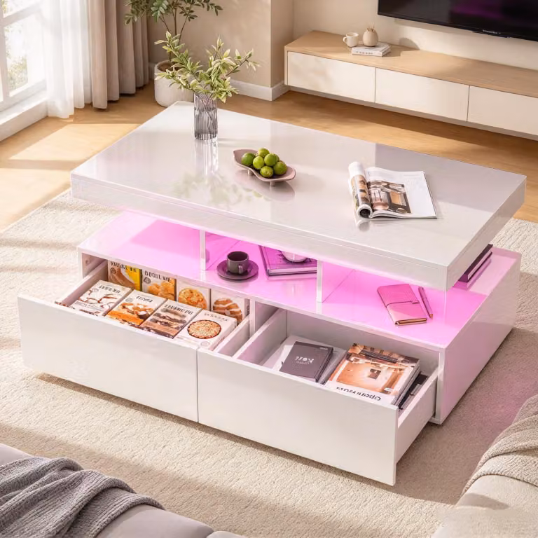 Tavolino da divano INONEFT con illuminazione LED, tavolino da soggiorno con 2 cassetti, tavolino alto lucido con spazio aperto per riporre oggetti, ideale per il soggiorno, colore bianco