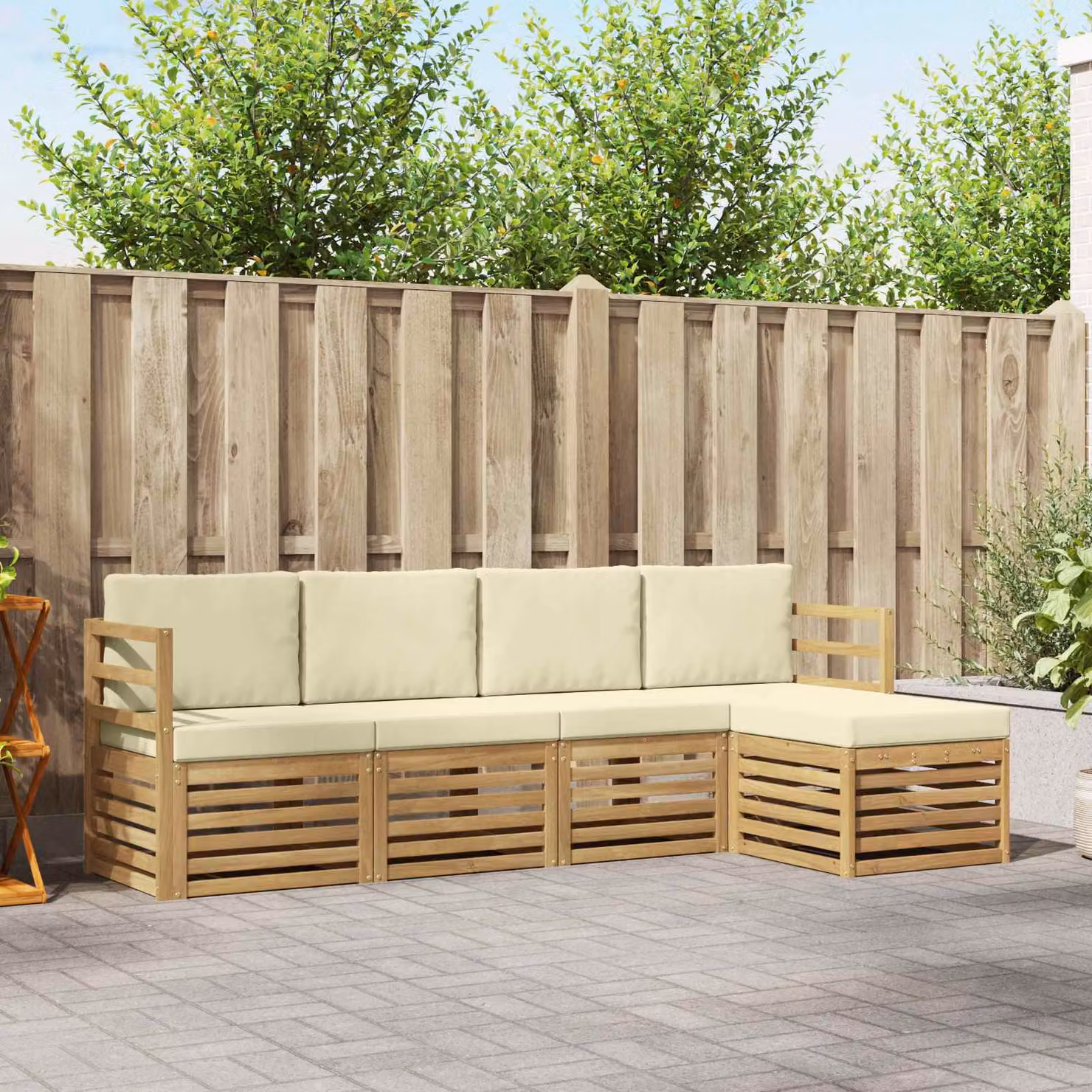Set di divani da esterno vidaXL a forma di L con pouf, in legno di acacia e tessuto bianco e beige