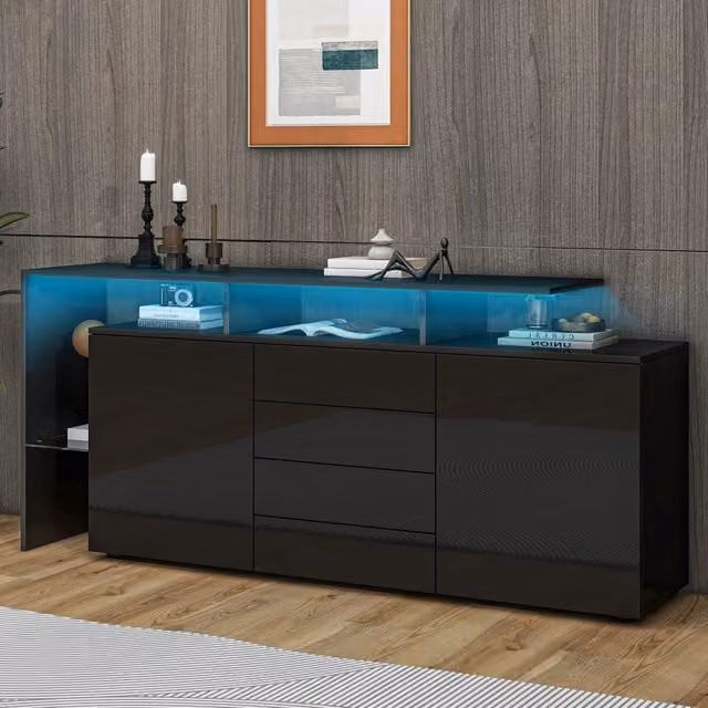 Comò Sideboard con LED, Mobile Soggiorno Nero Lucido, Credenza TV Highboard Multiuso