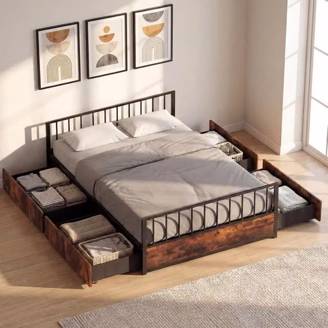 Letto Matrimoniale a Piattaforma in Stile Industriale COSTWAY con 2 Cassetti, Testiera e Pediera, Materiali Misti in Metallo e Legno, Colore Marrone e Nero, L/P/H: 140 x 200 x 60 cm – 1