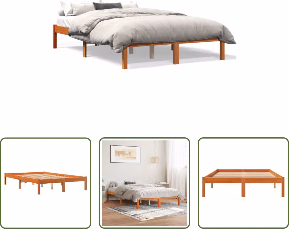The Living Store Letto in legno massiccio cera marrone 140x200 cm pino