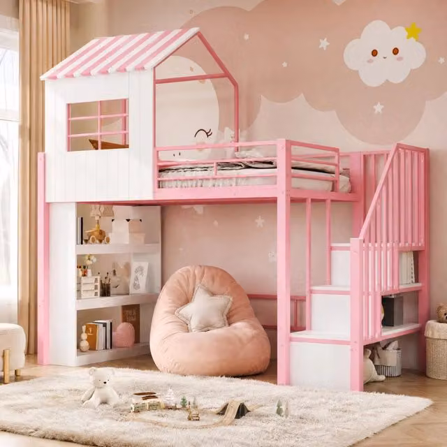 Letto a soppalco singolo Mivray rosa con scala contenitore e scaffale in metallo e MDF, L/P/H: 90 x 200 x 253,2 cm