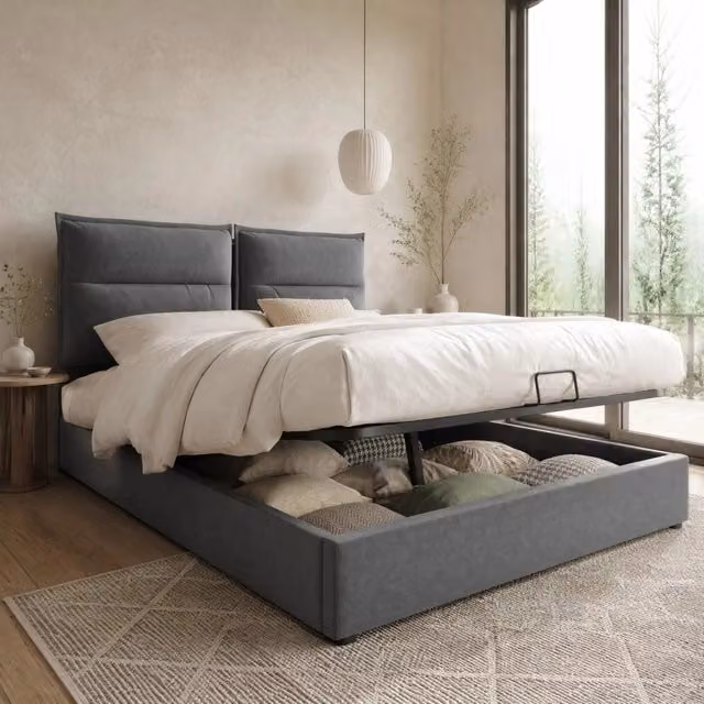 Letto contenitore matrimoniale 140x200 cm in velluto grigio, testiera regolabile