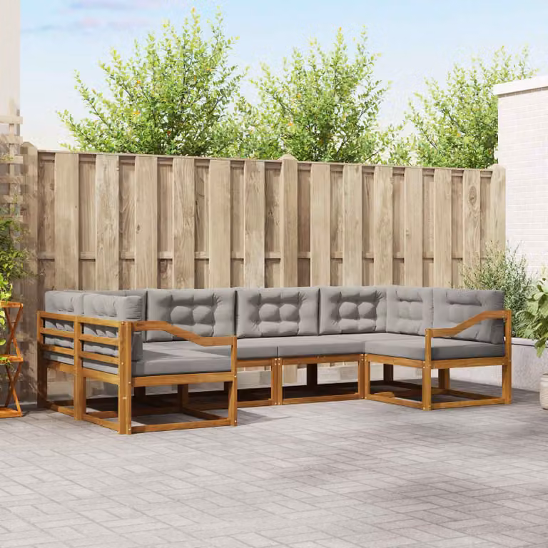 Set di divani da esterno vidaXL a forma di L composto da 6 pezzi in legno di acacia con cuscini in tessuto grigio e marrone