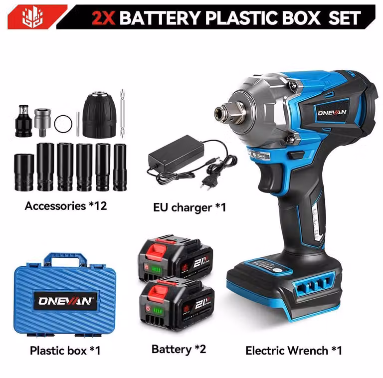 Avvitatore a impulsi - Modello a batteria - Coppia 1200 Nm - 4 livelli - Motore brushless - 6000 giri/min - Set di 2 batterie - Argento