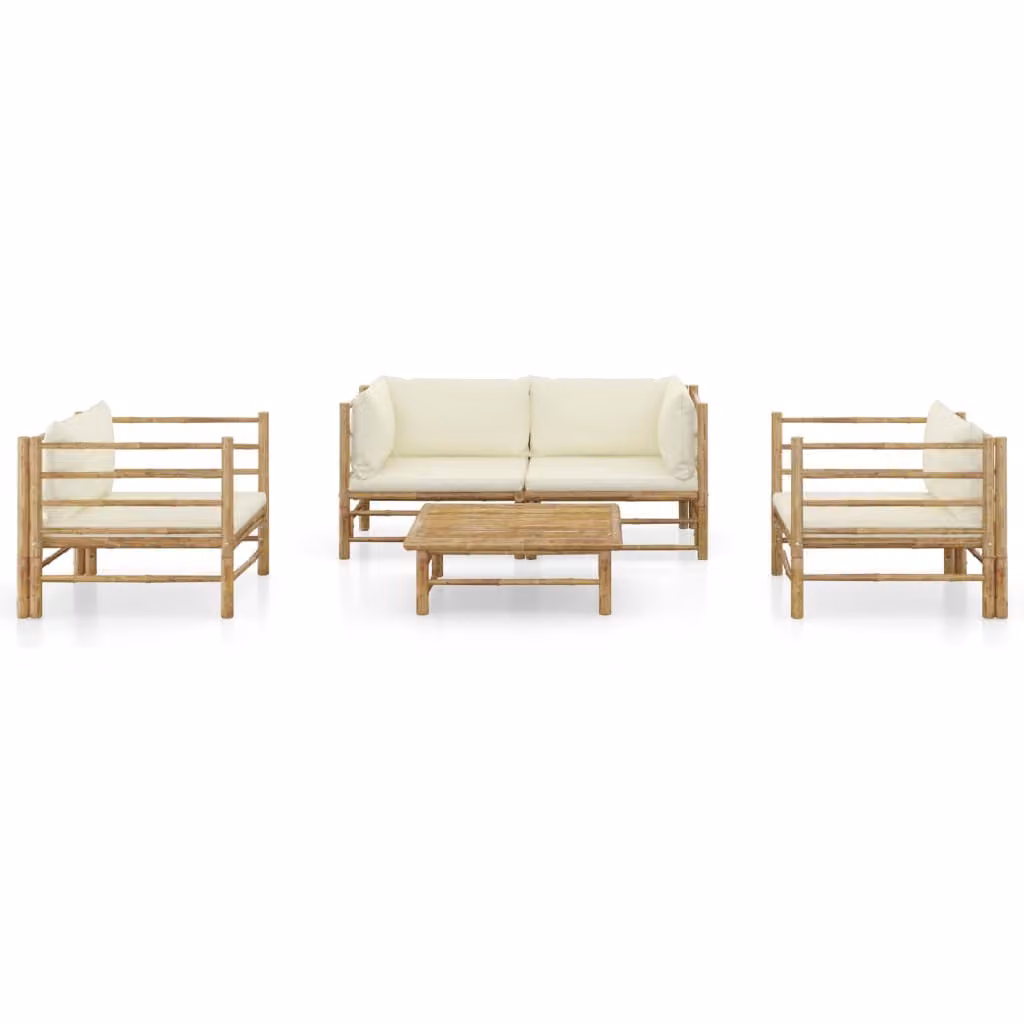 set di 5 pezzi per salotto da giardino con cuscini in bambù bianco crema