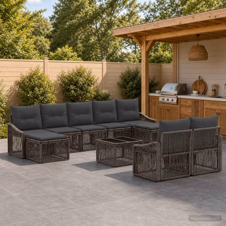 Set Divano da Giardino vidaXL 10 Pezzi in Polyrattan Grigio con Cuscini e Tavolino per Terrazza e Giardino