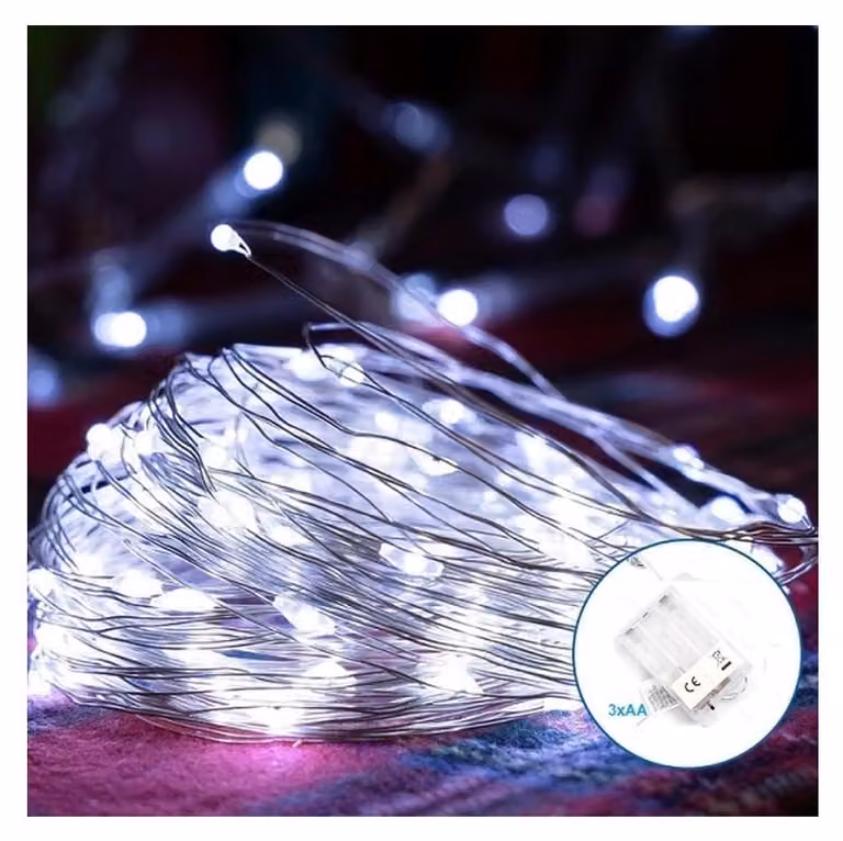 Catena luminosa in filo di rame, 3 metri, luce bianca fredda, alimentata a 3 batterie AA, adatta per interni ed esterni