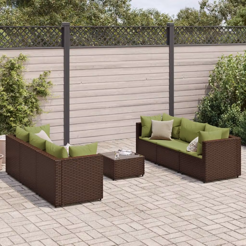 Set di divani da giardino vidaXL 7 pezzi con cuscini in rattan e struttura in acciaio marrone e verde – 1